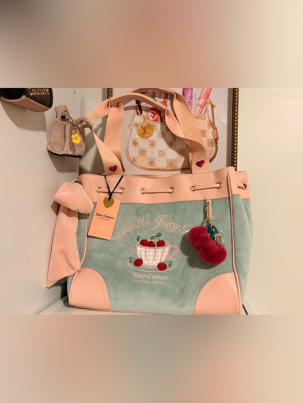 Juicy Couture Pink and Mint 'Spill the Juicy Tea' Cherry Tote NWT
